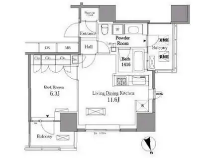 レジディアタワー目黒不動前(1LDK/18階)の間取り写真