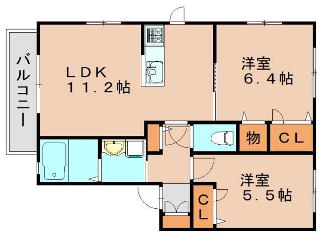 アプリコット川津 A棟(2LDK/2階)の間取り写真