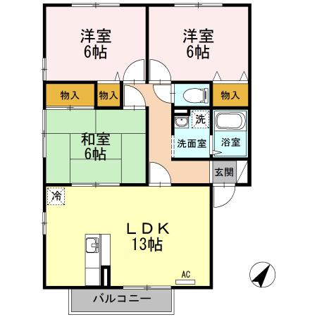ウィルモア泉都町B棟(3LDK/1階)の間取り写真