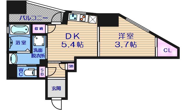 オリエンタル南堀江(1DK/9階)の間取り写真