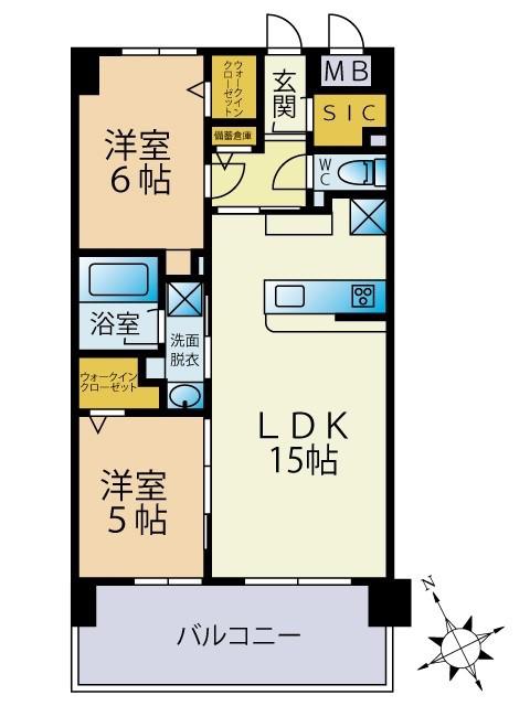 西鉄天神大牟田線 高宮駅(福岡) 徒歩5分 9階建 築2年(2LDK/6階)の間取り写真
