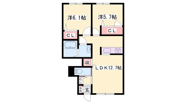 セントリビエ下滝野 B棟(2LDK/1階)の間取り写真