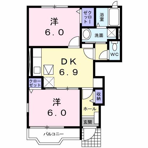 オレンジカウンティ(2DK/1階)の間取り写真