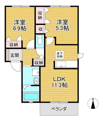 サンライズ北野 B棟(2LDK/2階)の間取り写真