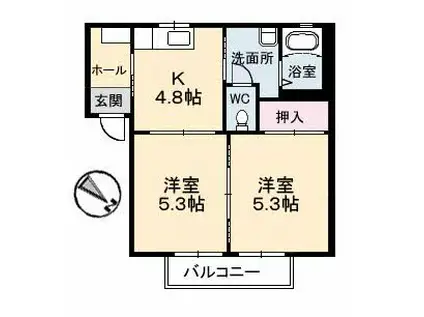 ヒルズYK(2K/1階)の間取り写真