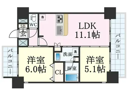 プレサンス新神戸駅前(2LDK/10階)の間取り写真