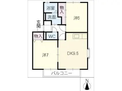 メルベーユI棟・II棟(2DK/1階)の間取り写真