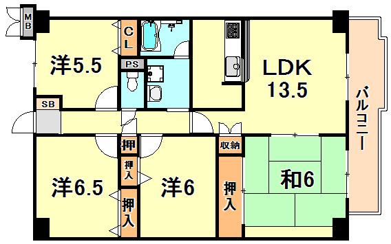 五色山ハイツ(4LDK/5階)の間取り写真
