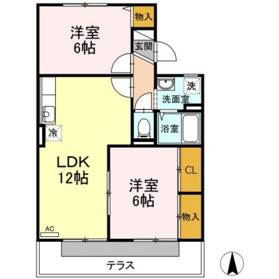 ヴィルヌーブB棟(2LDK/1階)の間取り写真