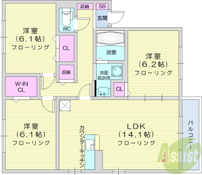 ボヌール・ヒルズ市名坂C(3LDK/2階)の間取り写真