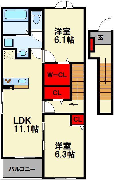 グランツコート花瀬 B(2LDK/2階)の間取り写真