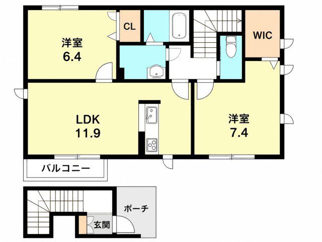 ヒルズ熊野(2LDK/2階)の間取り写真