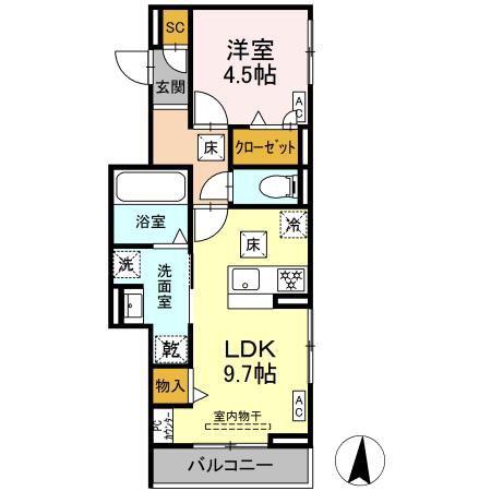 ルヴィータ大秋(1LDK/1階)の間取り写真