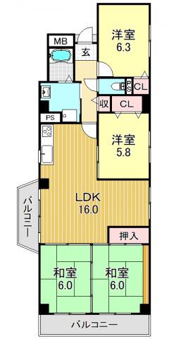 グランドハイツタカノII(4LDK/6階)の間取り写真