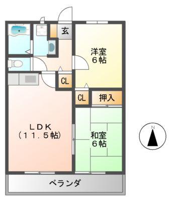 オレンジハイツAB棟(2LDK/1階)の間取り写真