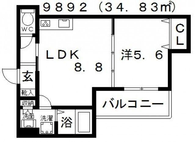 クリエオーレ高見の里(1LDK/2階)の間取り写真