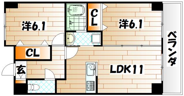 ニューシティアパートメンツ南小倉II(2LDK/1階)の間取り写真