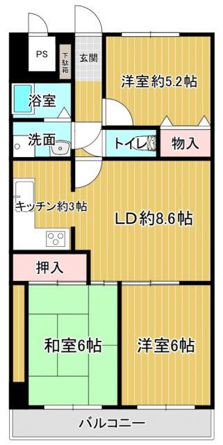 グランドハイツ野崎(3LDK/5階)の間取り写真