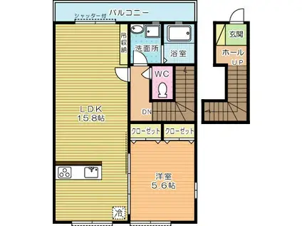 ルネス若園 B棟(1LDK/2階)の間取り写真