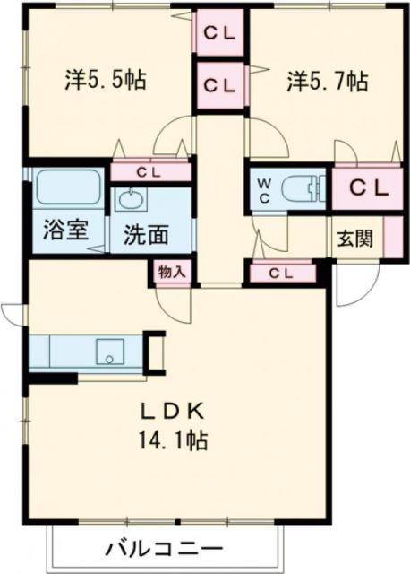 グリーンハウスLATTE B棟(2LDK/2階)の間取り写真