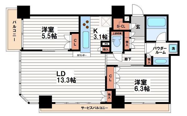 ブランズタワー・ウェリス心斎橋サウス(2LDK/4階)の間取り写真