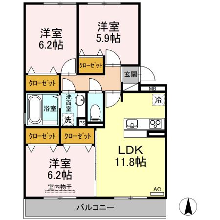 コートプレイス龍田I(3LDK/3階)の間取り写真
