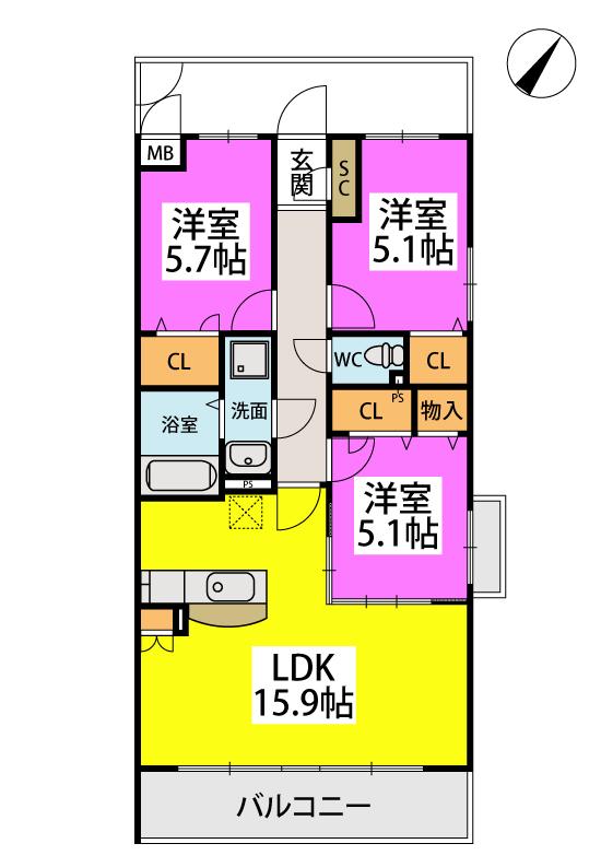 クレアS(3LDK/3階)の間取り写真