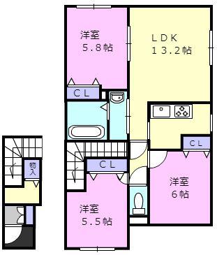ジェラン北栄町B棟(3LDK/2階)の間取り写真