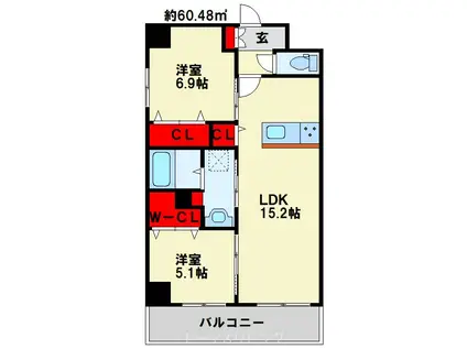 グランシャルール京町(2LDK/9階)の間取り写真