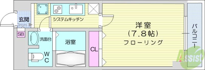 IN-TOWNER木町(1K/4階)の間取り写真