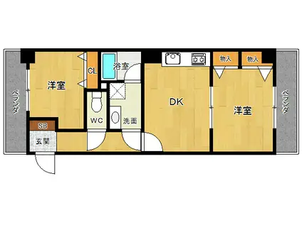 インタルシオ武庫之荘(2DK/3階)の間取り写真