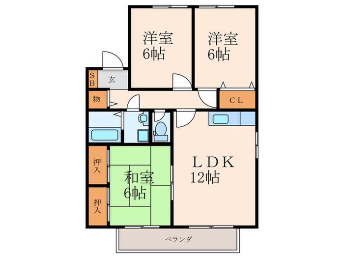 ニューセジュール緑ケ丘B棟(3LDK/1階)の間取り写真