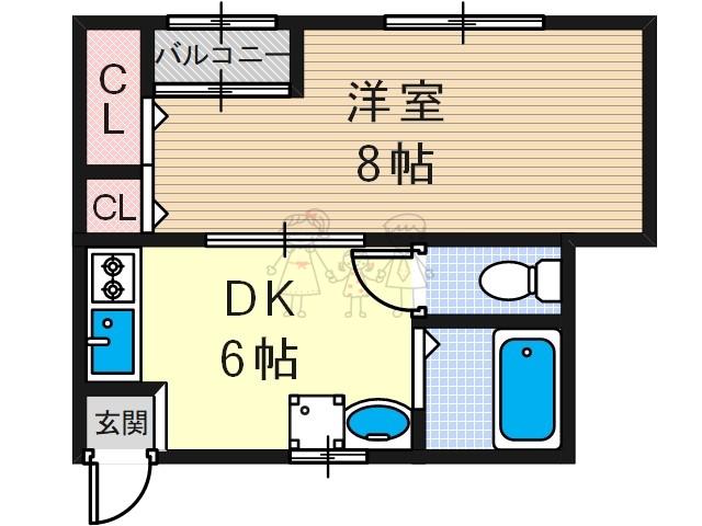 エバー西田辺(1DK/2階)の間取り写真