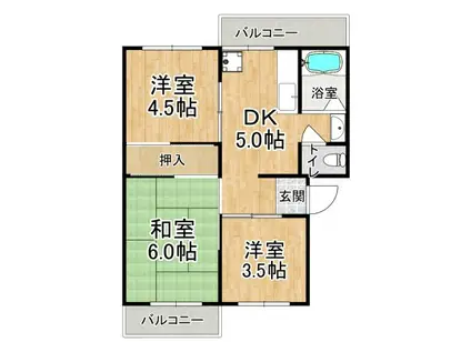 神戸電鉄三田線 五社駅 徒歩18分 5階建 築54年(3DK/3階)の間取り写真