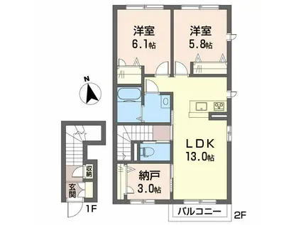 リラフォート西垣生(2LDK/2階)の間取り写真