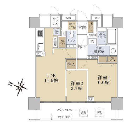 クリーンリバーフィネス手稲ミッドステージウエスト(2LDK/4階)の間取り写真