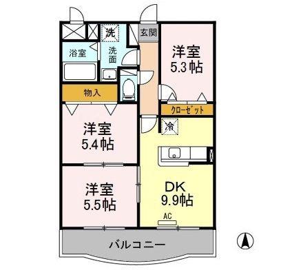 メルヴェイユII(3DK/2階)の間取り写真