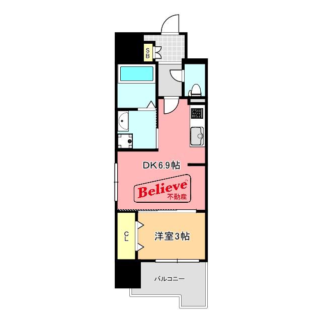 S-RESIDENCE六ツ門ABRイーストII(1DK/3階)の間取り写真