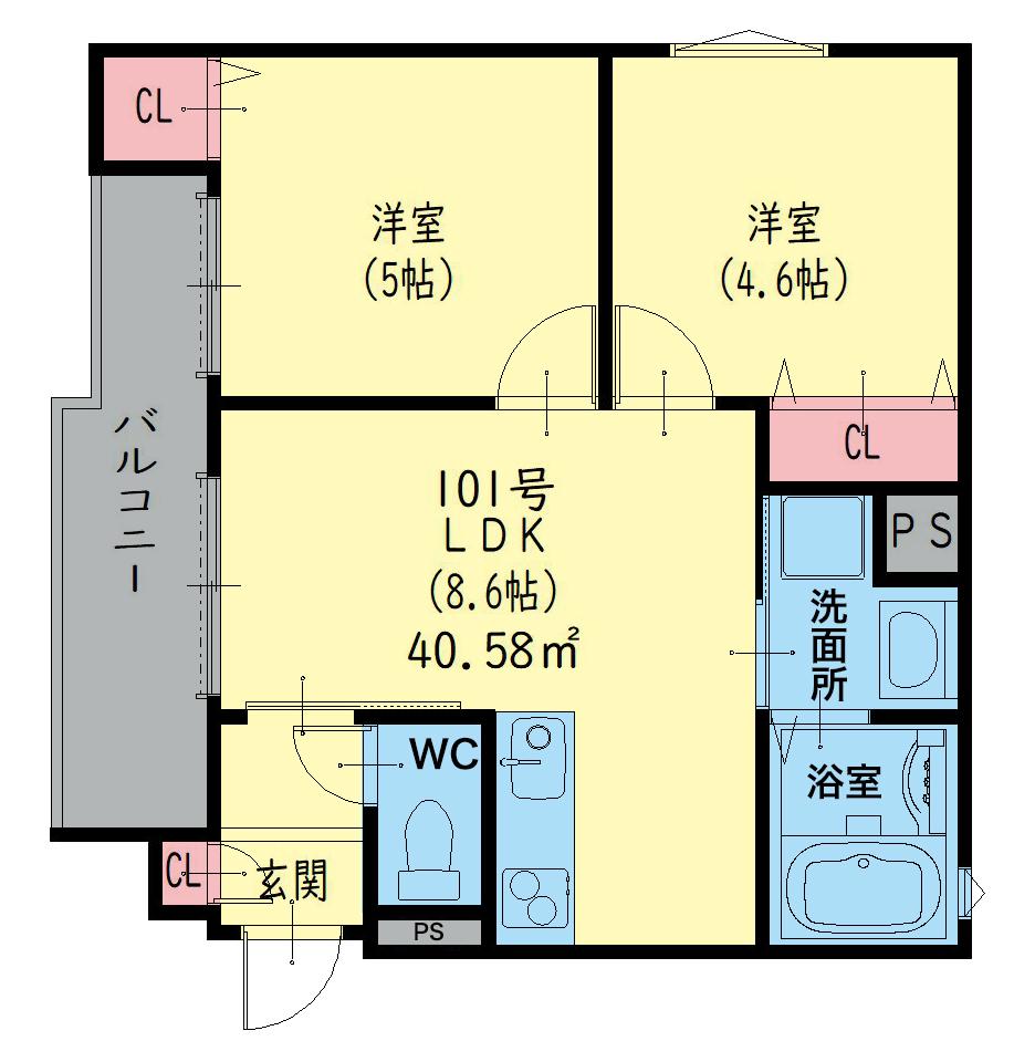 クリエオーレ瓜生堂(2LDK/1階)の間取り写真