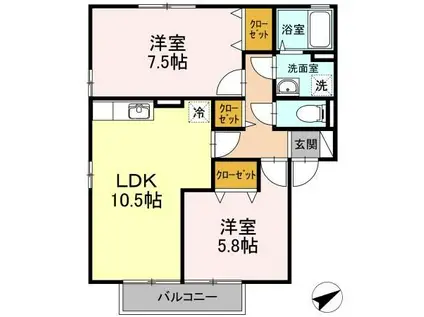 ラ リビエール ヴィラージュ(2LDK/2階)の間取り写真