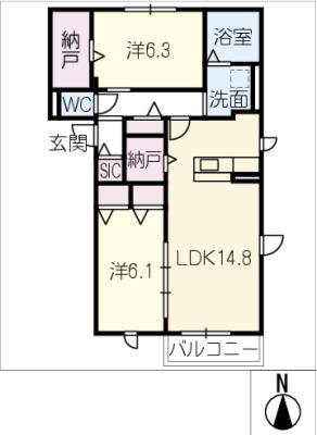 QUATRE SAISONS相生C棟(2LDK/2階)の間取り写真