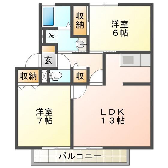メルベーユ岩之谷D(2LDK/1階)の間取り写真