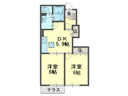 宮北ガーデンハウス(2DK/1階)の間取り写真