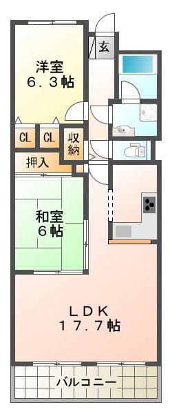 カルム学園緑が丘(2LDK/6階)の間取り写真