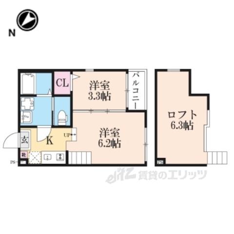 ハーモニーテラス深草佐野屋敷町(2K/2階)の間取り写真
