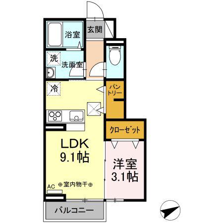 エスペランサ岩切(1LDK/1階)の間取り写真