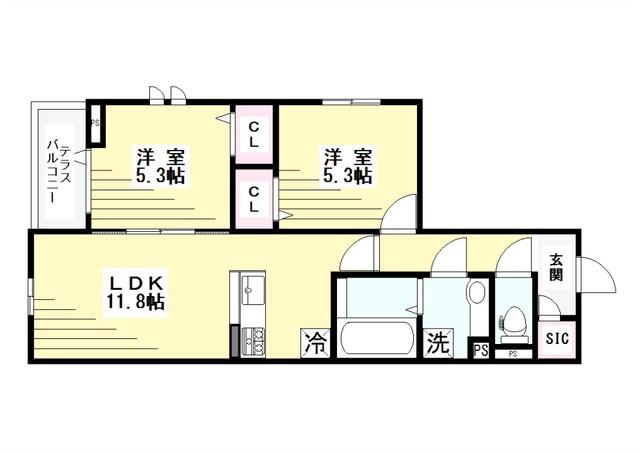 グランクール北町 猫不可(2LDK/1階)の間取り写真