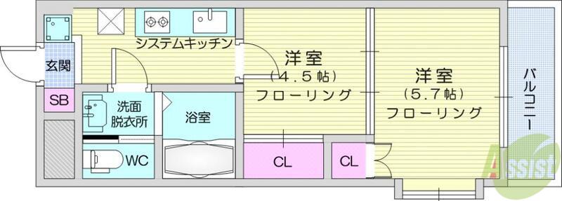 クレールコート(2K/4階)の間取り写真