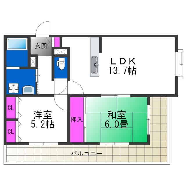 シエル・ピュール田辺(2LDK/3階)の間取り写真