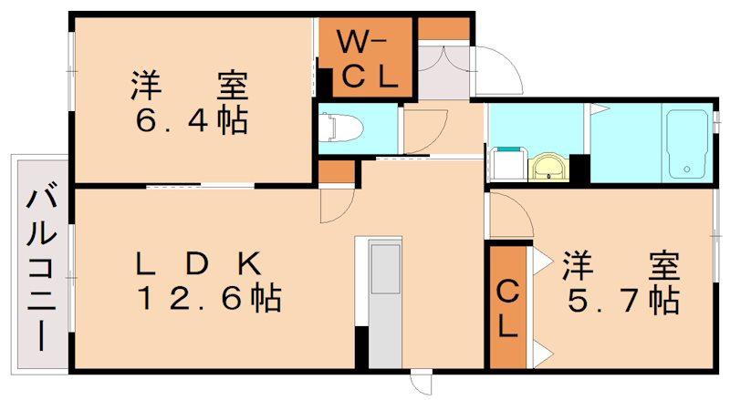 シャーメゾンなるみずB(2LDK/2階)の間取り写真